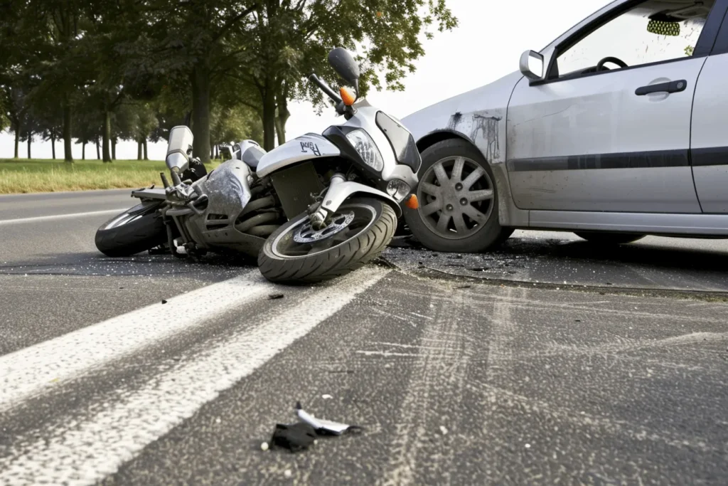 A motorcycle laying in the street after being hit be a car.